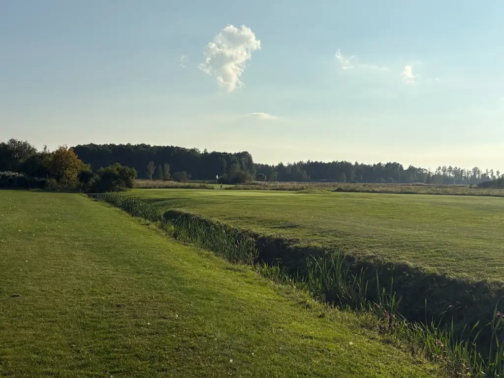 Vy över golfbanan och ett dike